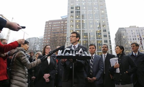 Washington Attorney General Bob Ferguson talks to reporters in Seattle on Friday 3 February 2017, following a hearing on President Donald Trump’s executive order on immigration. Photograph: Ted S. Warren/AP